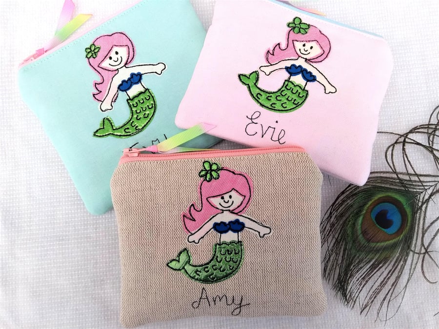 Custom Mermaid Coin Purse - Colour Option - Pretty Shell Cotton Lining - Rainbow