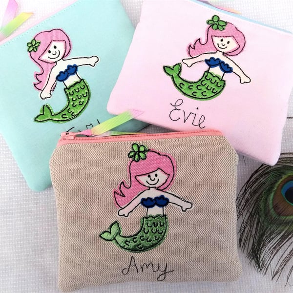 Custom Mermaid Coin Purse - Colour Option - Pretty Shell Cotton Lining - Rainbow