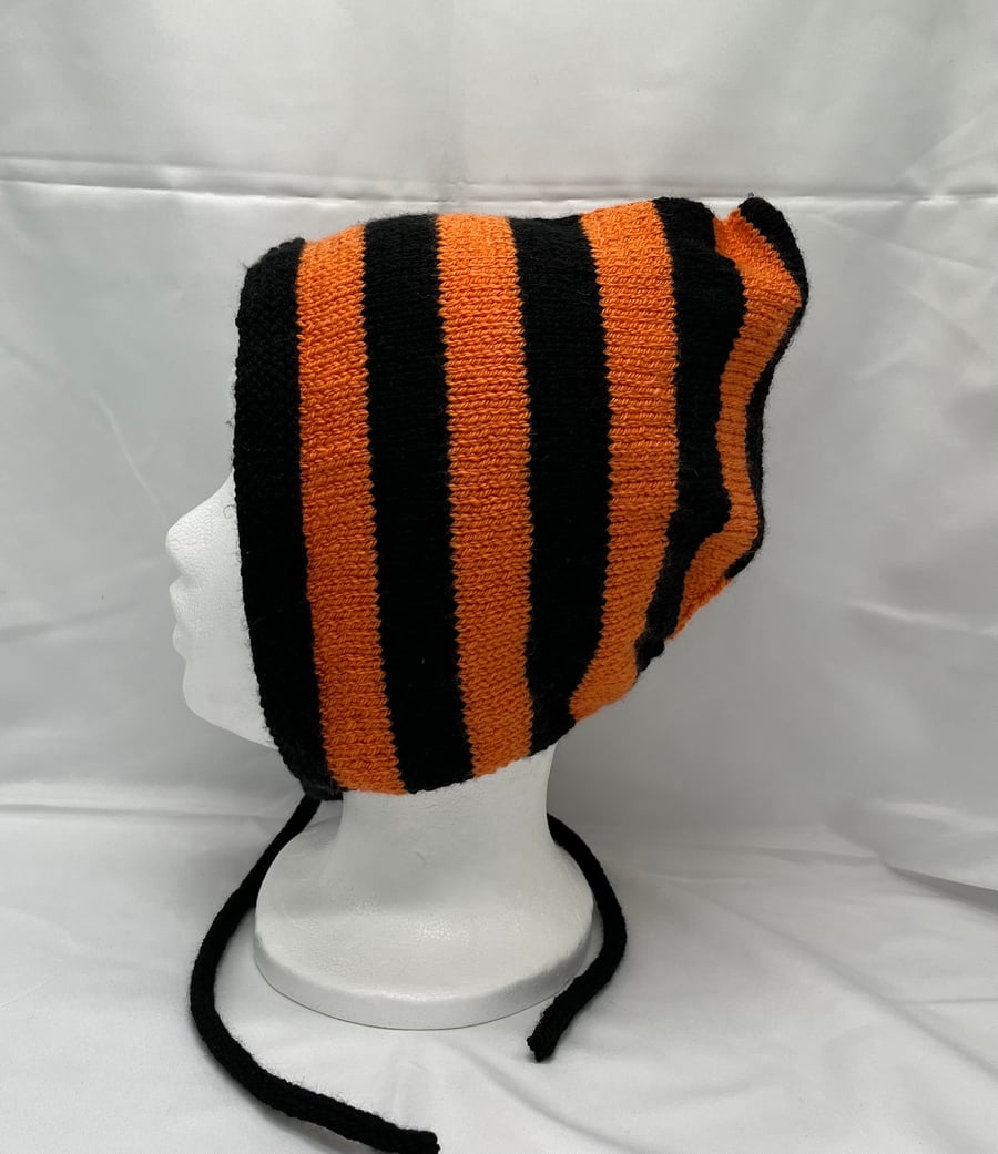 Orange striped pixie bonnet hat, adult, hand knitted