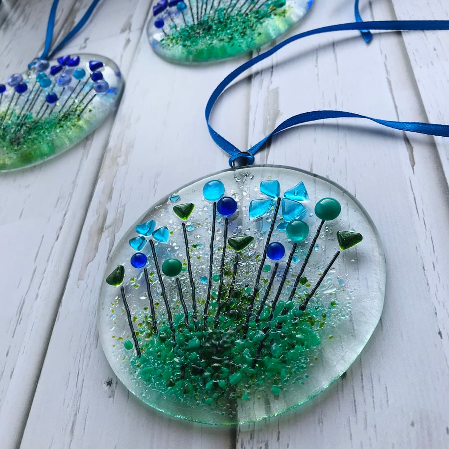 Fused glass suncatcher with blue flowers, housewarming gift, floral