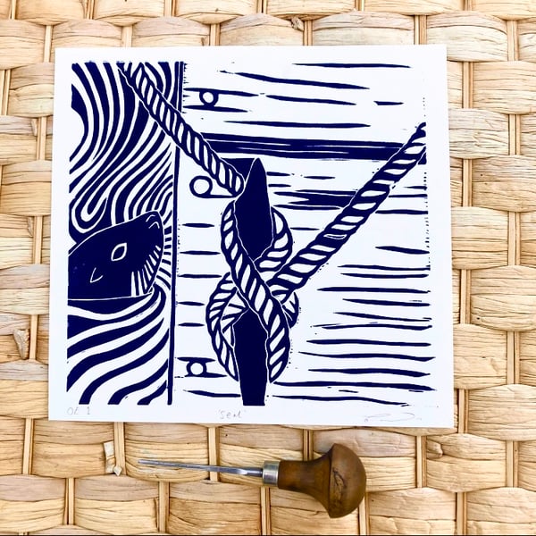 Seal print, seal Lino print, nautical print, nautical Lino print, wall art