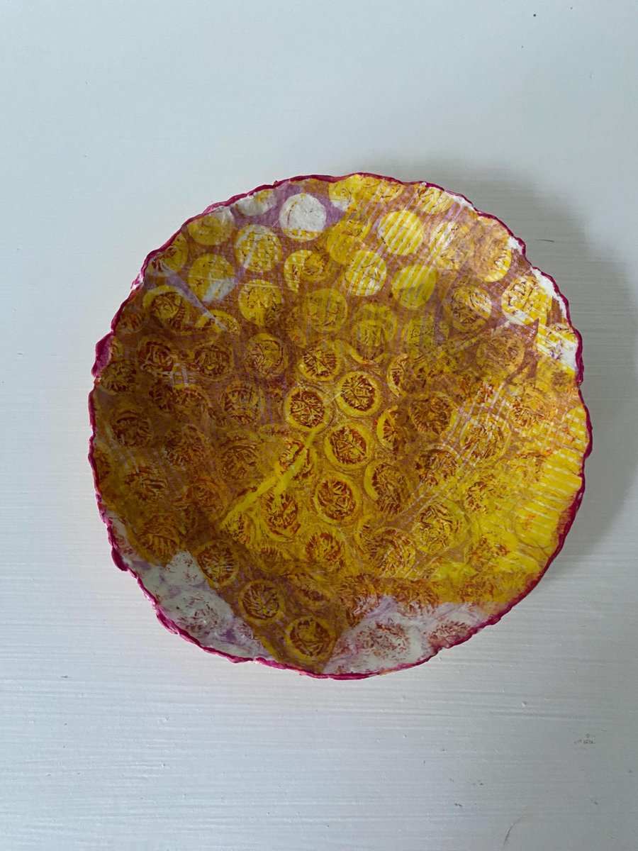 Decoupage Paper Mache Pin Dish: Yellow & Pink Sustainable Decor