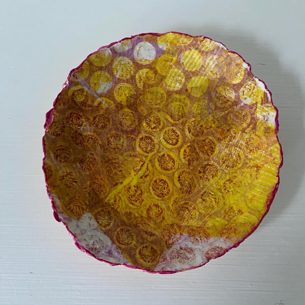 Decoupage Paper Mache Pin Dish: Yellow & Pink Sustainable Decor