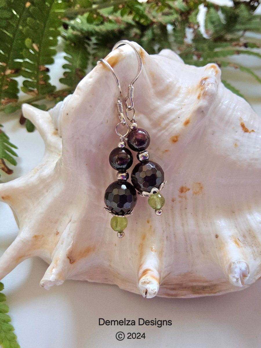 Peridot & Deep Plum Red Indian Garnet Sterling Silver Earrings
