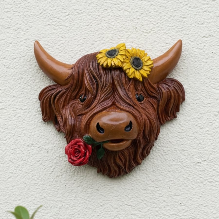 Hand Painted Highland Cow Wall Plaque Outdoor Garden Wall Art with Flowers