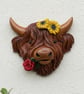 Hand Painted Highland Cow Wall Plaque Outdoor Garden Wall Art with Flowers