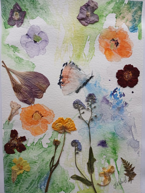 Butterfly Watercolour and Forget me nots Pressed flowers 