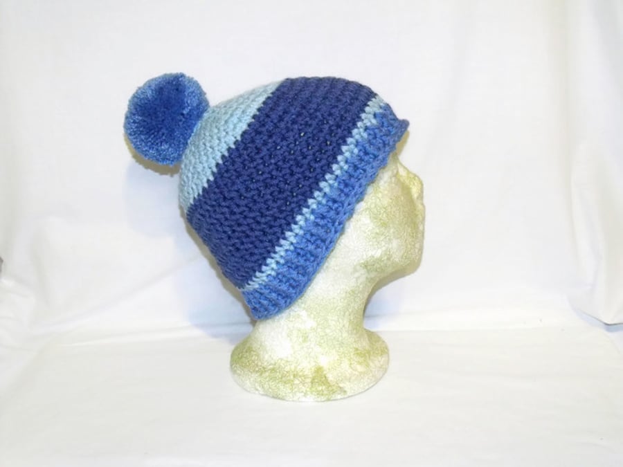 crocheted acrylic blue striped pom pom hat, ladies winter beanie
