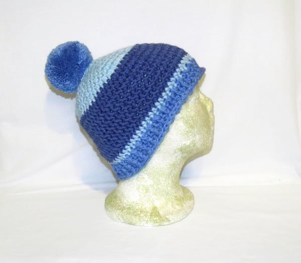 crocheted acrylic blue striped pom pom hat, ladies winter beanie
