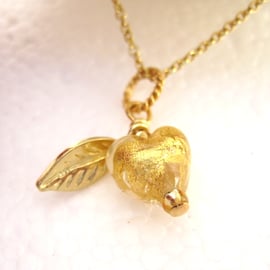 A Tiny Sweet Heart Gold plated Silver Venetian Pendant Golden, Murano, Leaf.