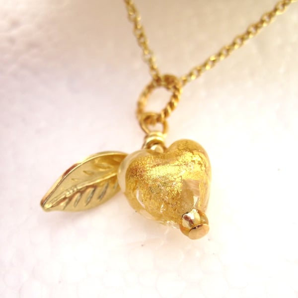 A Tiny Sweet Heart Gold plated Silver Venetian Pendant Golden, Murano, Leaf.