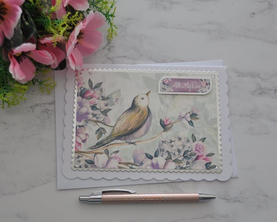 All My Love Card Anniversary Birthday Bird Flowers Any Occasion 3D Handmade Card