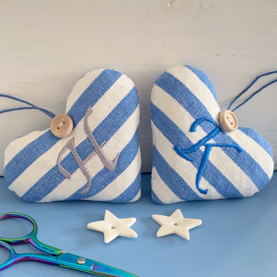 PERSONALISED HEART - blue and white stripes, lavender or padded