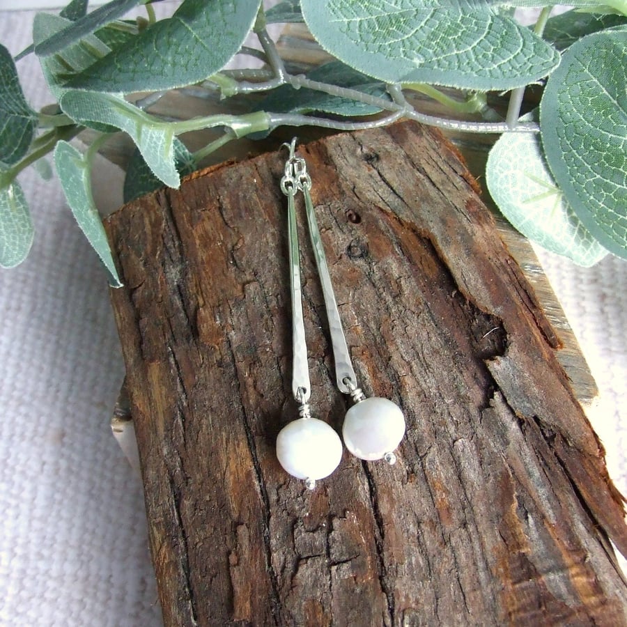 Earrings, Sterling Silver Bar Droppers with White Pearls
