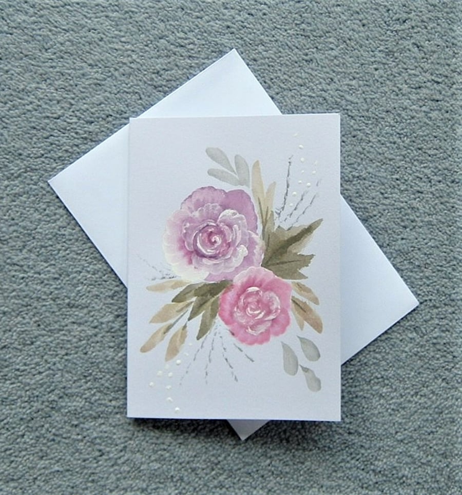 roses original art hand painted blank greetings card ( ref F 215 )