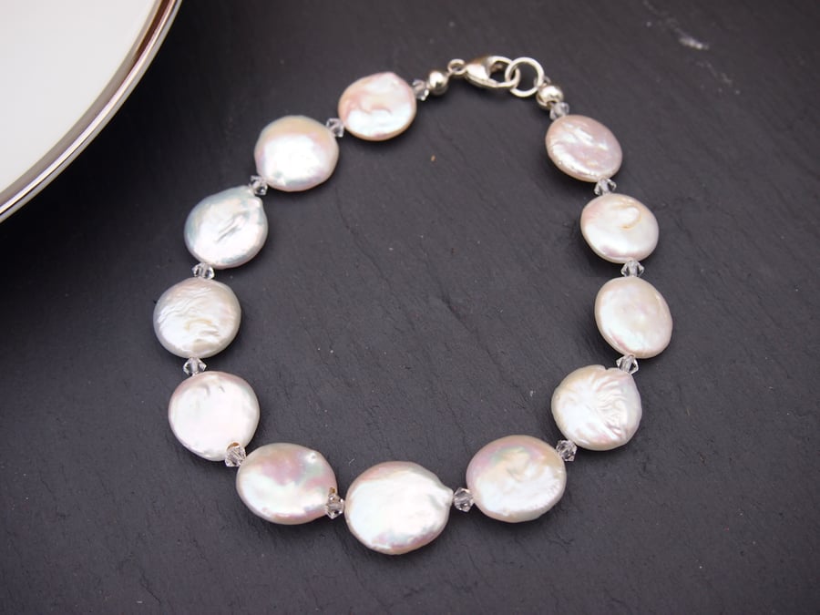 Freshwater coin pearl and Swarovski crystal bracelet