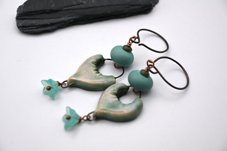 copper, green lampwork glass and ceramic earrings