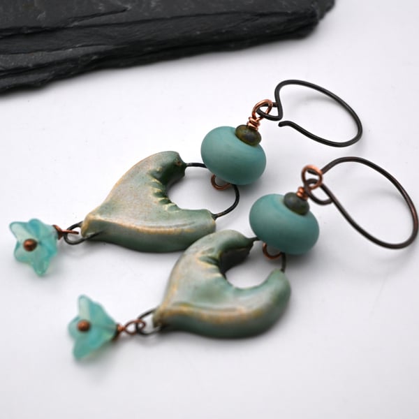 copper, green lampwork glass and ceramic earrings