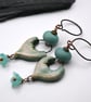 copper, green lampwork glass and ceramic earrings
