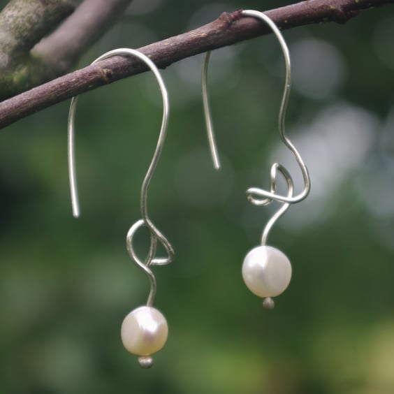 Silver Squiggle Earrings with  Freshwater Pearls