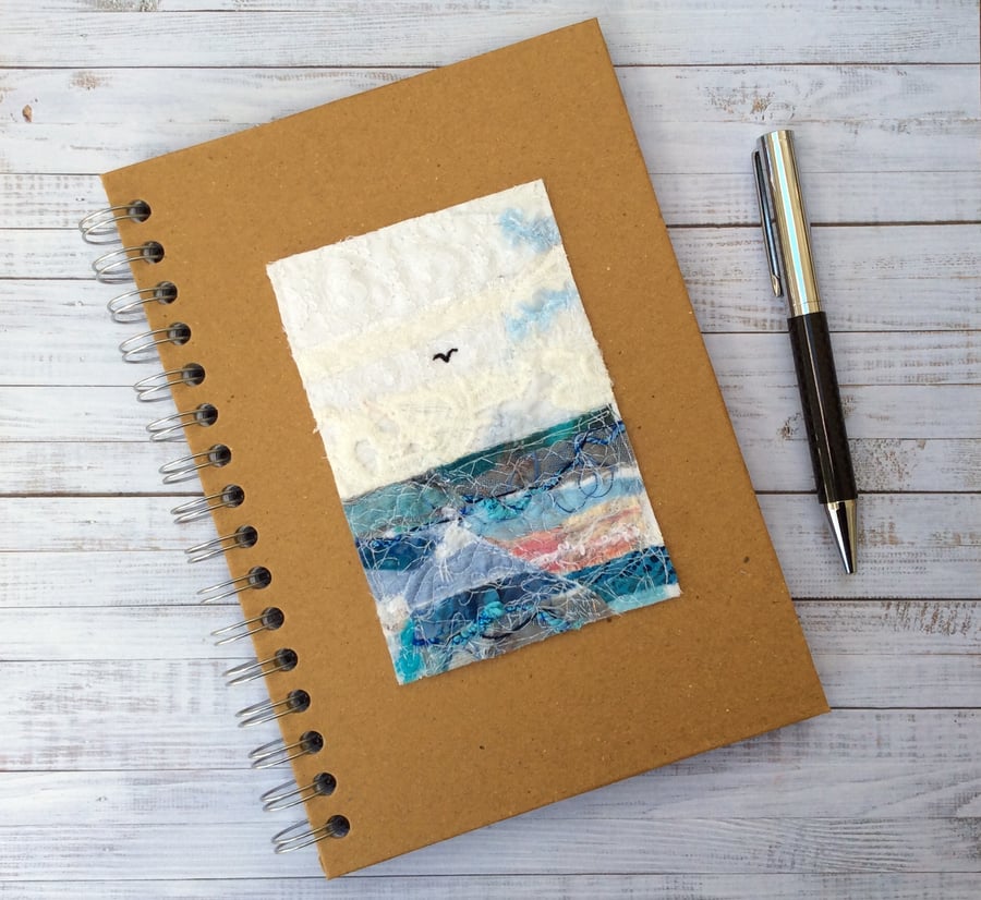 Embroidered seascape hardback lined notebook.