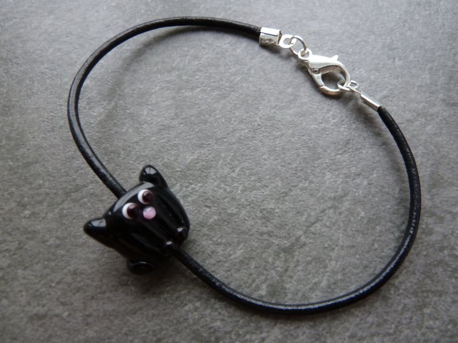 leather cord and lampwork cat bracelet