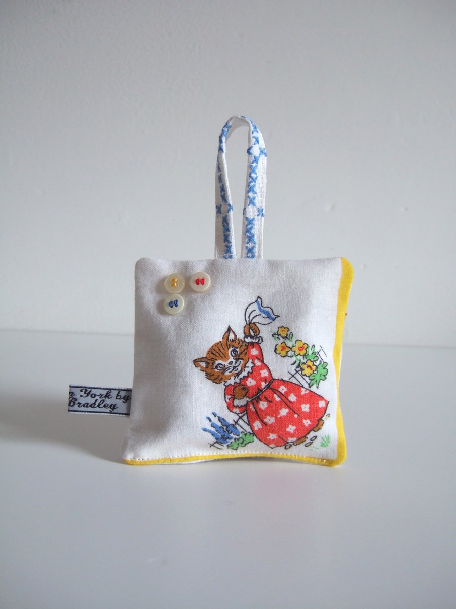  Cat lavender bag made from a childs vintage hanky with Yorkshire lavender.