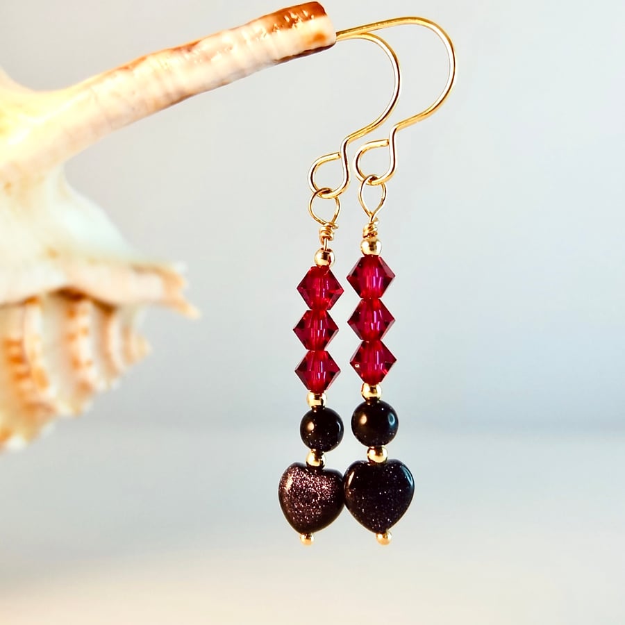 Blue Goldstone Heart Earrings With Swarovski 'Ruby' Crystals - Seconds Sunday
