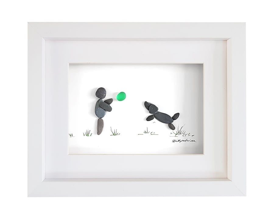 Owner and Leaping Dog - Pebble Picture - Framed Unique Handmade Art