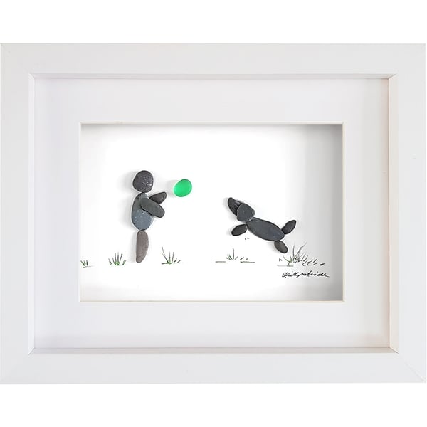 Owner and Leaping Dog - Pebble Picture - Framed Unique Handmade Art