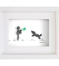 Owner and Leaping Dog - Pebble Picture - Framed Unique Handmade Art - Image 1