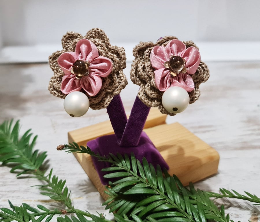 Hand crochet beige ribbon floral pearl beaded handmade earrings