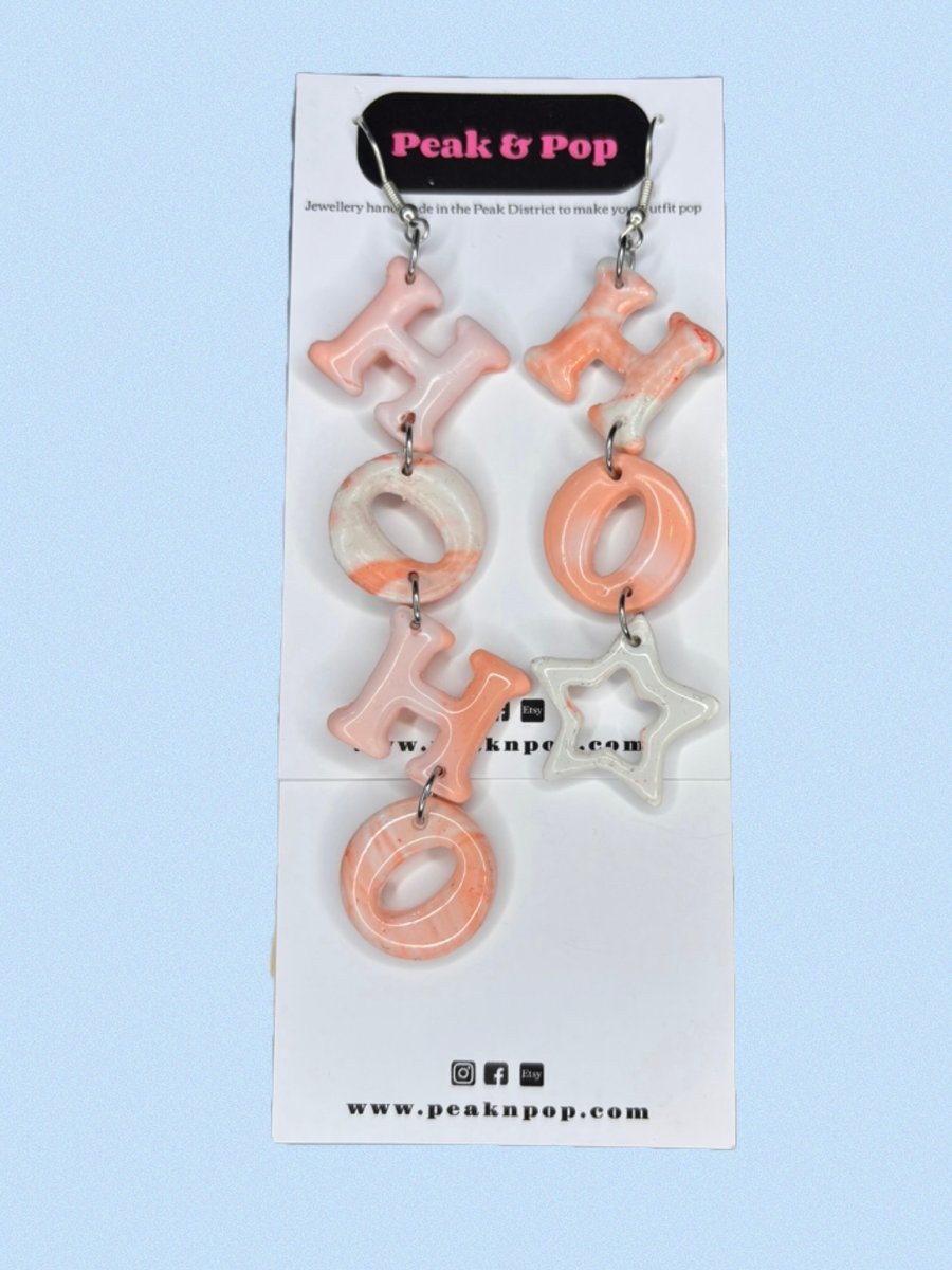 Pink Marbled Ho Ho Ho Christmas Statement Earrings