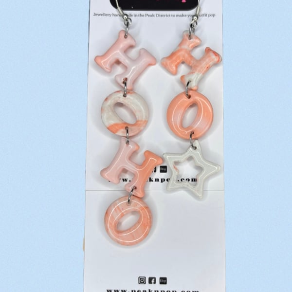 Pink Marbled Ho Ho Ho Christmas Statement Earrings
