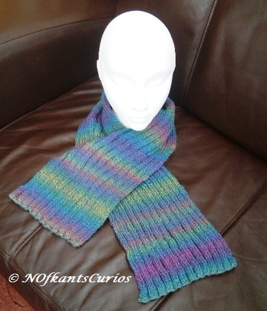 Autumn Rainbow Hues, Rainbow Knitted Wide Ribbed Scarf.