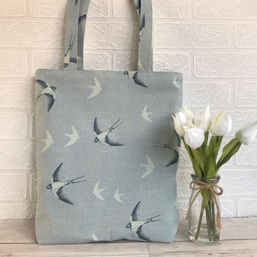 Blue tote bag with birds print, Swallows in flight