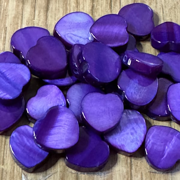 10 x Purple Mother of Pearl Shell Heart Charm Beads 11mm