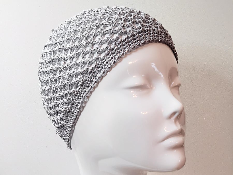 Silver Sparkly Crochet Boho Mesh Skull Cap