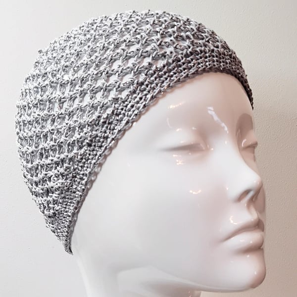 Silver Sparkly Crochet Boho Mesh Skull Cap