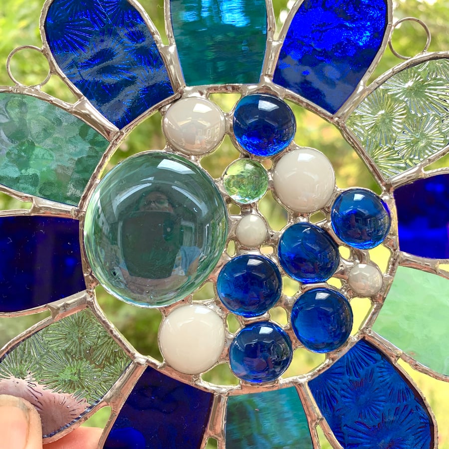 Stained Glass Bead Daisy Suncatcher - Handmade Window Decoration - Blue
