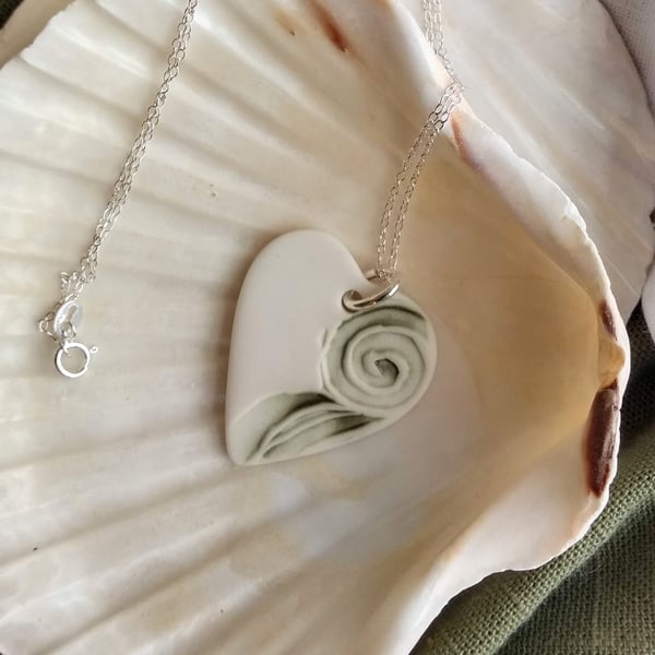Porcelain Ceramic Heart Necklace with a Wave Design on a Sterling Silver Chain 