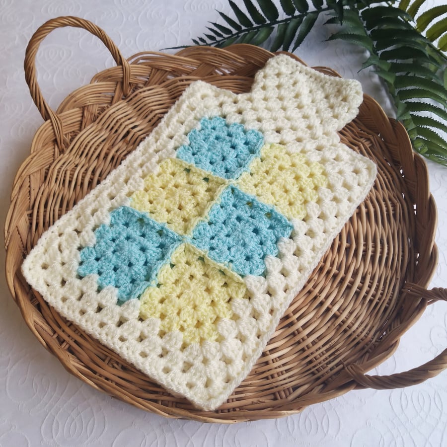 Crochet Hot Water Bottle Cover Patchwork Granny Square Cream 