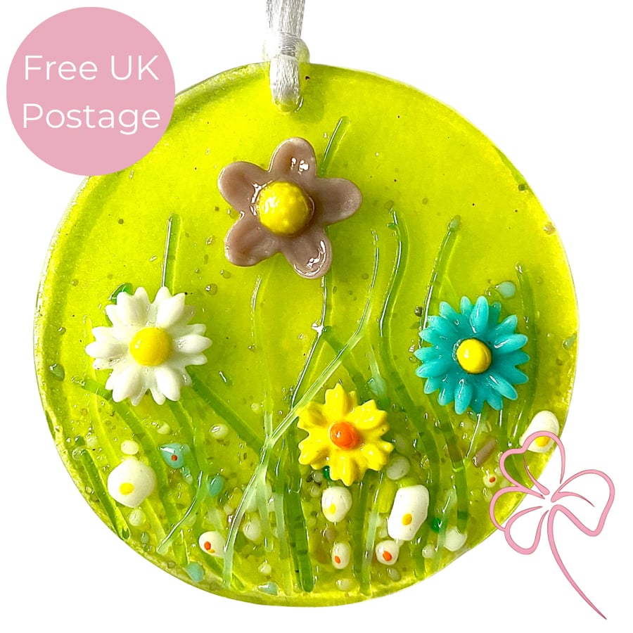 Fused Glass Wildflower Meadow Hanging Decoration - White, Blue, Yellow & Lilac