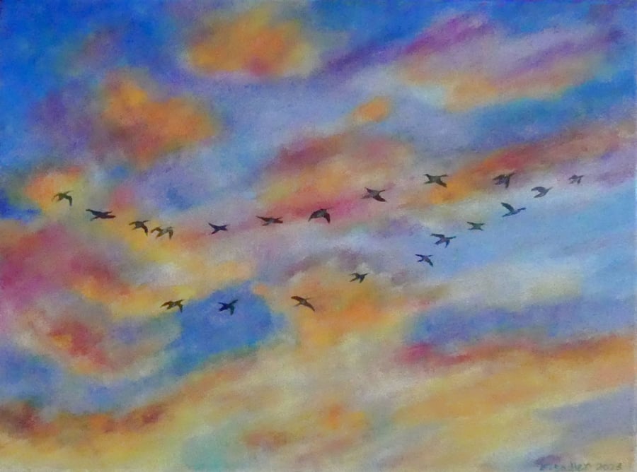 Wild Geese at Sunset Skyscape Original Oil Painting