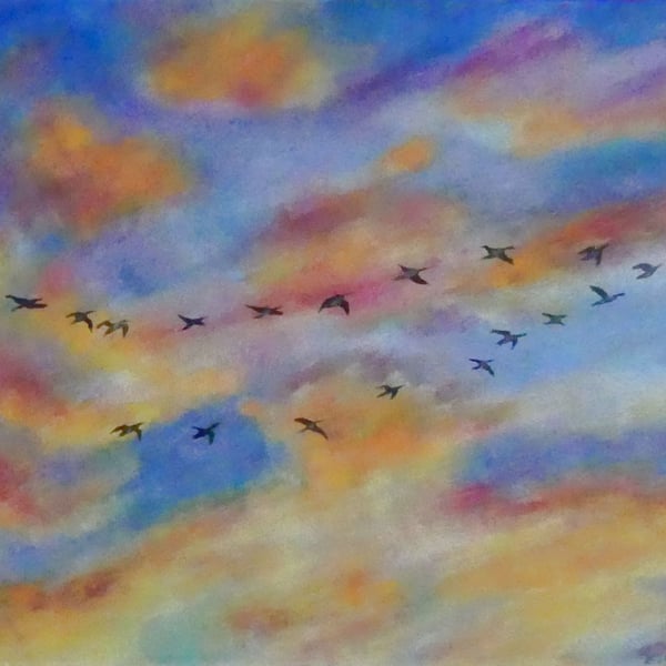 Wild Geese at Sunset Skyscape Original Oil Painting