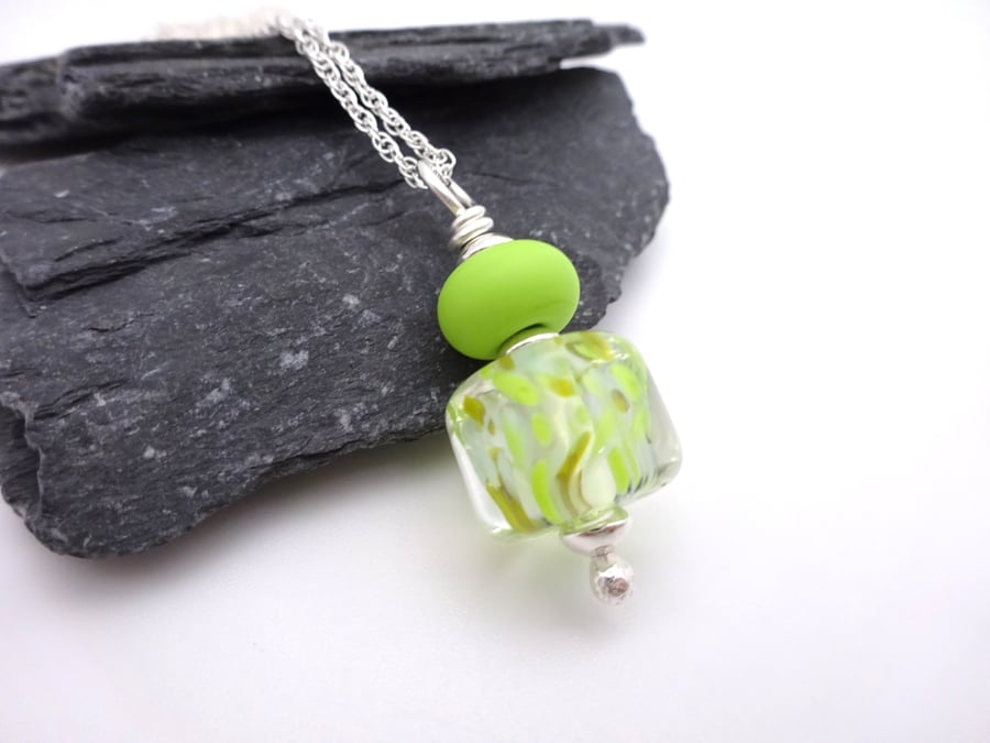 lampwork glass lime green pendant necklace