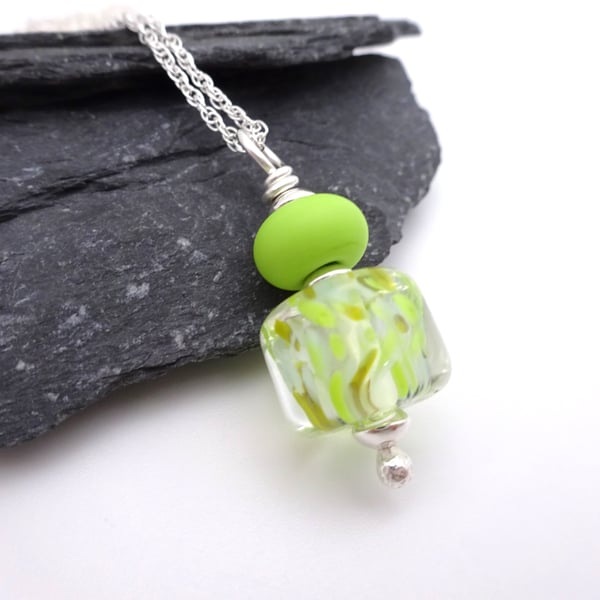 lampwork glass lime green pendant necklace