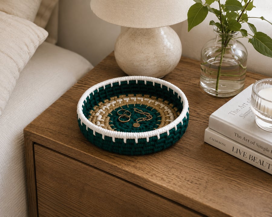 Forest Green, Off-White & Jute Coil Basket