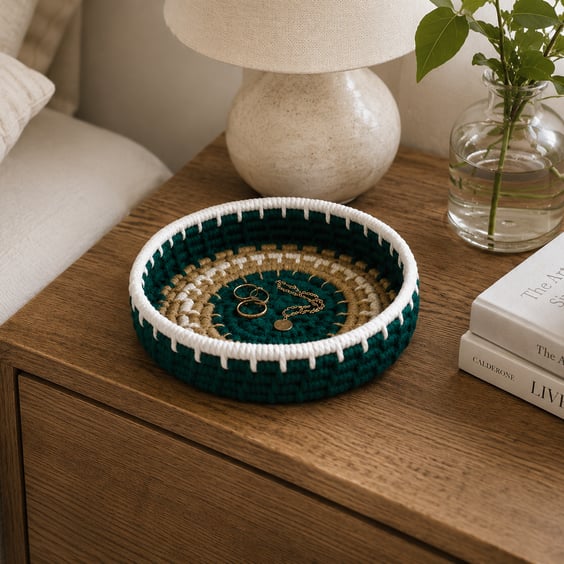 Forest Green, Off-White & Jute Coil Basket