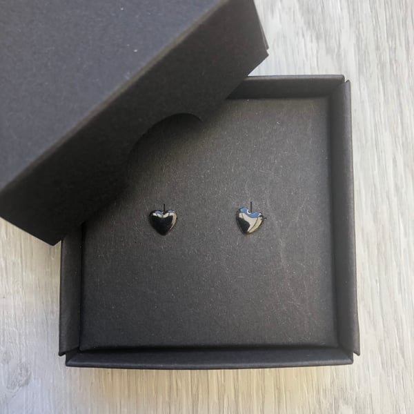 Black enamel heart studs. Sterling silver studs.